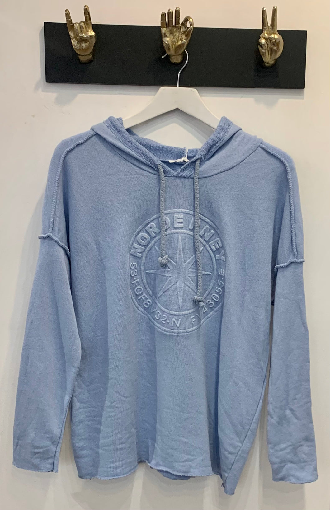 Sky blue cotton mix hoody with raised motif